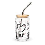 Glass tumbler with bamboo lid and metal straw, featuring heart and love designs on a white background.