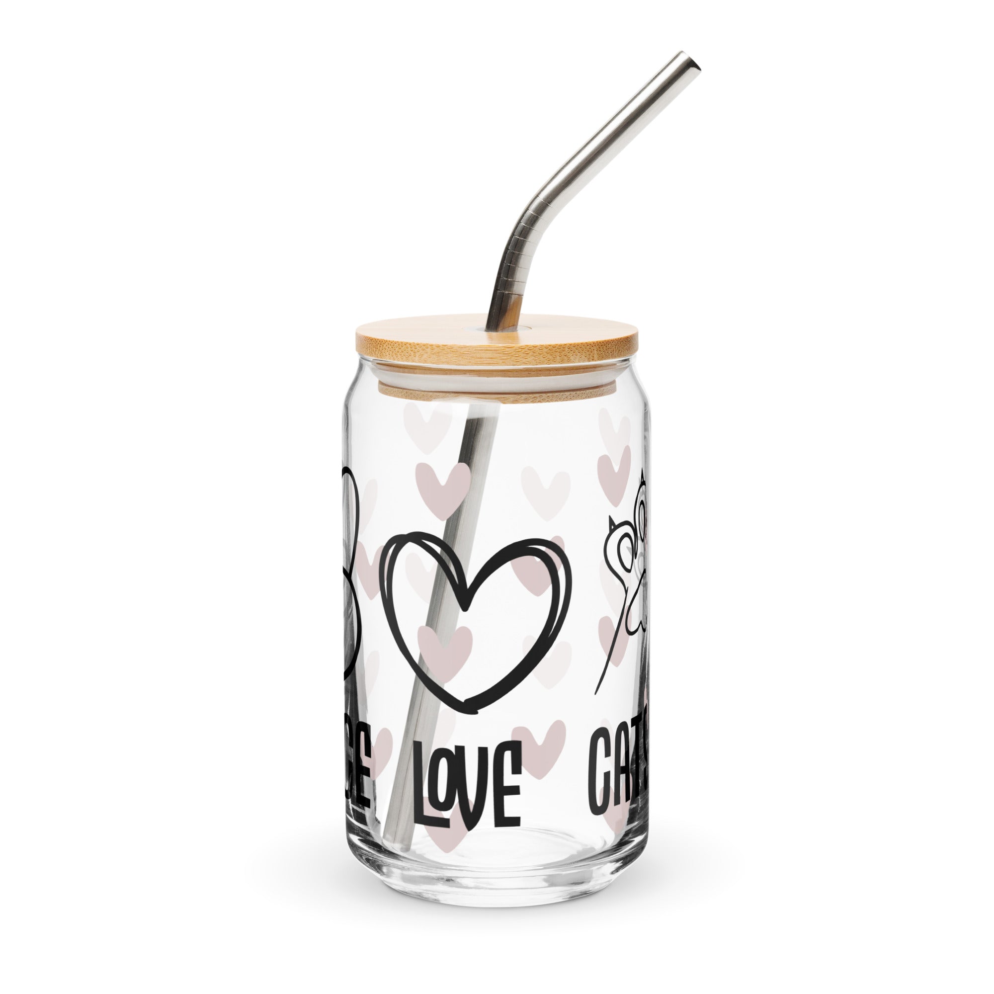 Glass tumbler with bamboo lid and metal straw, featuring heart and love designs on a white background.