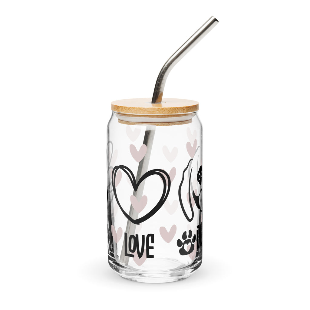 Glass tumbler with bamboo lid and metal straw, featuring heart and paw designs on a white background.
