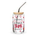 Glass tumbler with straw and wooden lid featuring text and heart designs on a white background