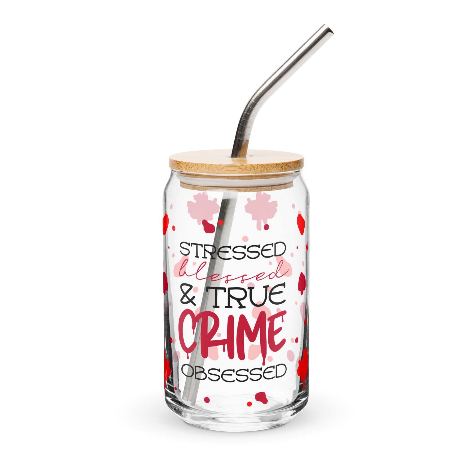 Glass tumbler with straw and wooden lid featuring text and heart designs on a white background