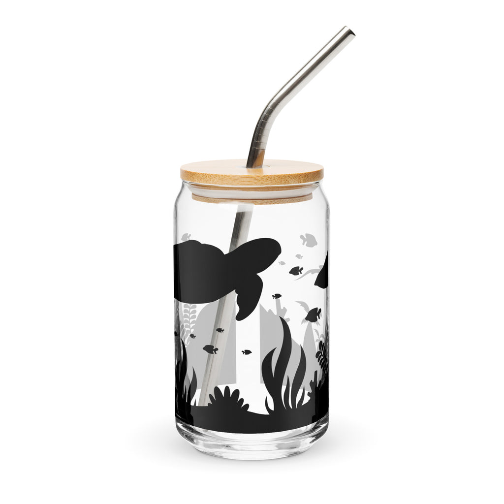 Glass tumbler with bamboo lid and metal straw featuring underwater scene design on a white background