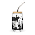 Glass tumbler with bamboo lid and metal straw featuring underwater scene design on a white background