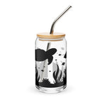 Glass tumbler with bamboo lid and metal straw featuring underwater scene design on a white background