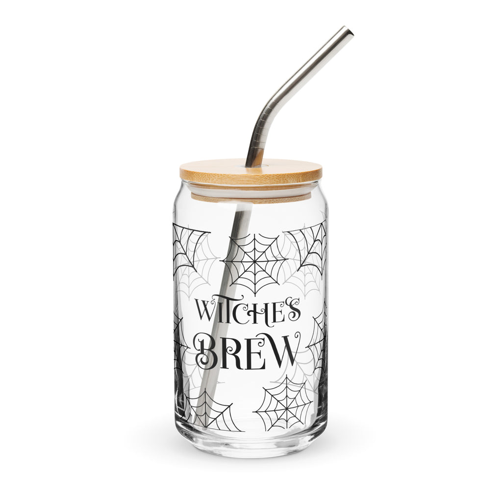 Glass jar with spider web design and 'Witches Brew' text on a white background