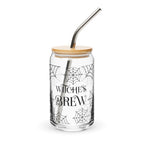 Glass jar with spider web design and 'Witches Brew' text on a white background
