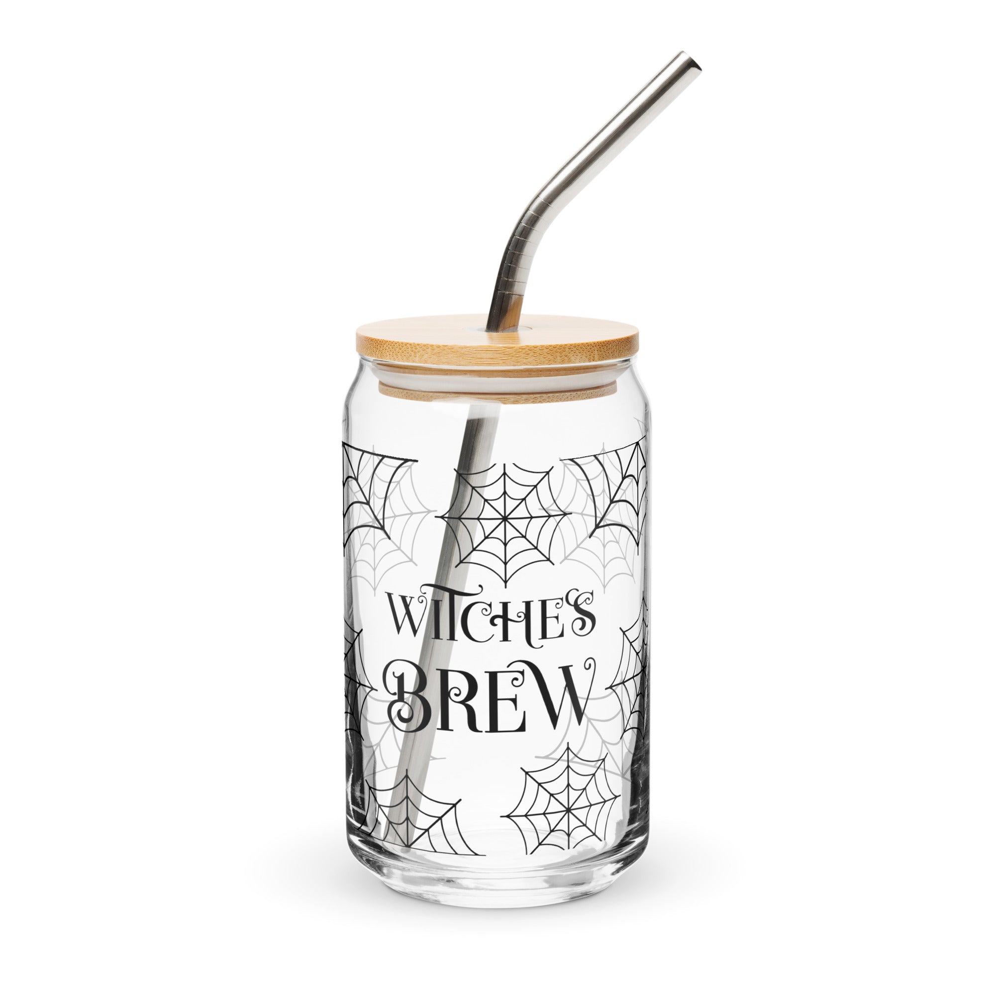 Glass jar with spider web design and 'Witches Brew' text on a white background