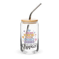 Glass tumbler with bamboo lid and metal straw, featuring colorful book illustrations and 'just one more chapter' text.