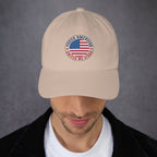 Beige cap with 'USA' in red and blue on a gray background
