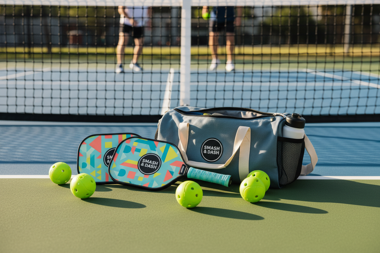 Pickleball equipment including bags and balls on a court with players in the background.