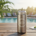 Stainless steel can cooler with 'AEM' engraving by a poolside