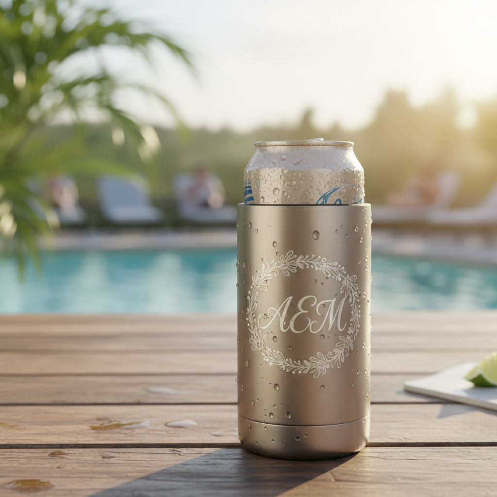 Stainless steel can cooler with 'AEM' engraving by a poolside