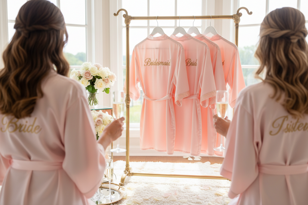 Short satin kimono wedding party robe with metallic gold stitched back title options including Bride, Team Bride, Bridesmaid, Maid of Honor, and Mother of the Bride