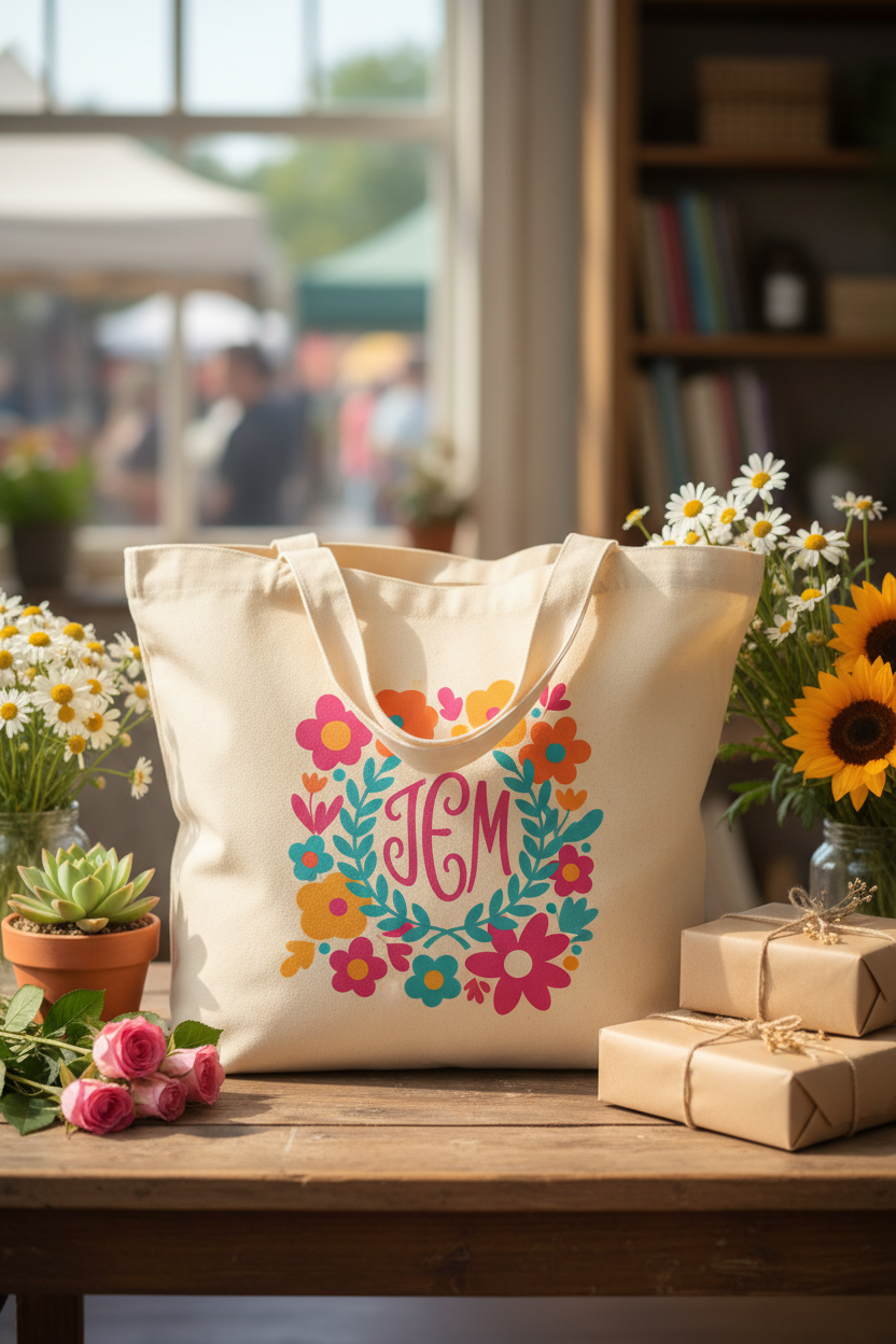  Lifestyle photo of a natural canvas tote bag with a colorful floral monogram design, sitting on a wooden table with flowers and wrapped gifts in a cozy shop setting.