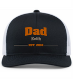 Black and white cap with 'Dad Keith EST. 2018' text on a white background