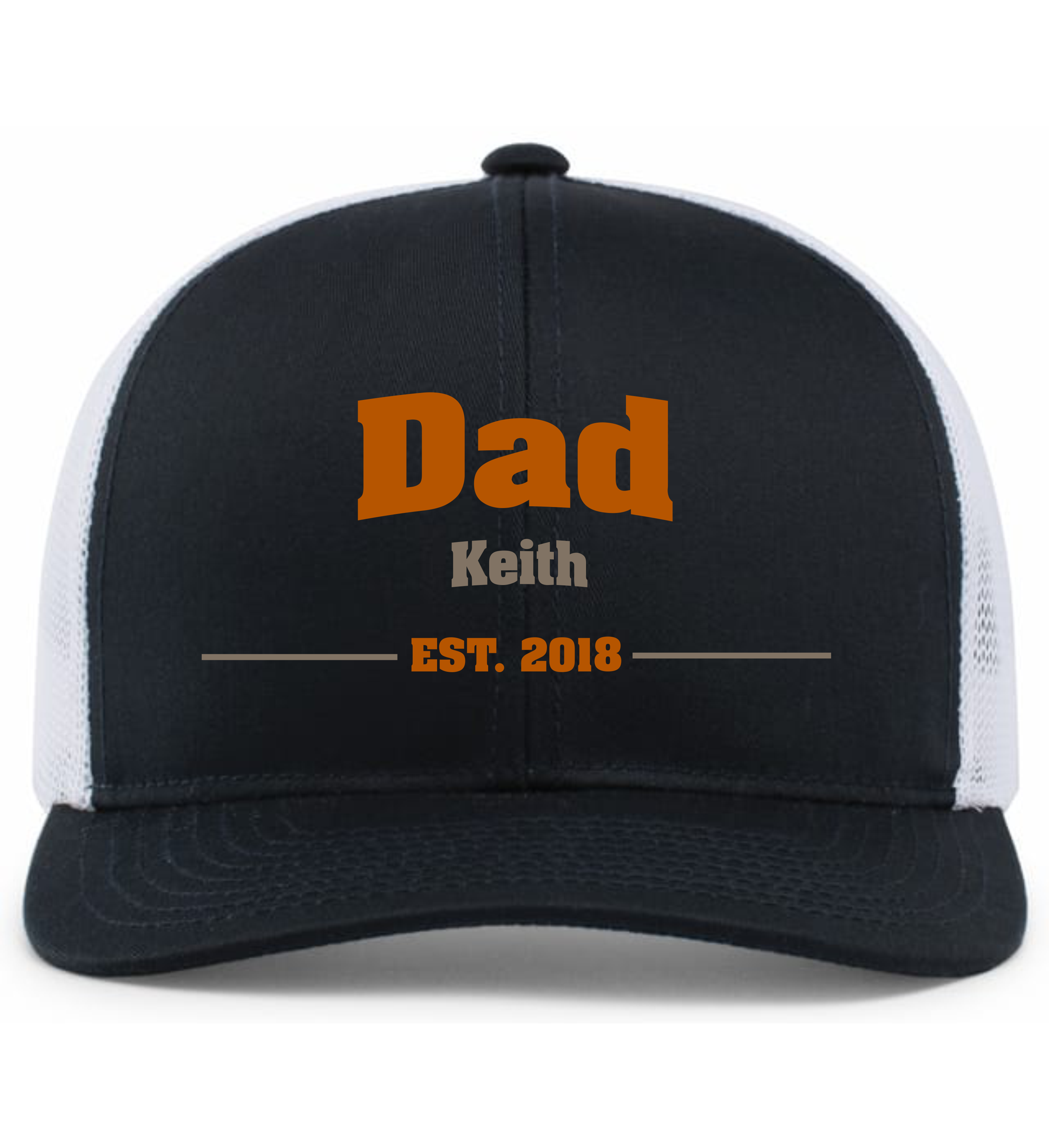 Black and white cap with 'Dad Keith EST. 2018' text on a white background