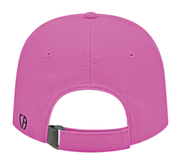 Pink cap with a black logo on the back against a white background