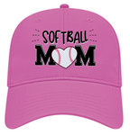 Pink cap with 'Softball Mom' text and heart design on a white background