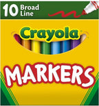 Crayola 10 Broad Line Markers box front, featuring a bright yellow background, green Crayola logo, large white and red 'MARKERS' text, and a window showing colorful markers inside.