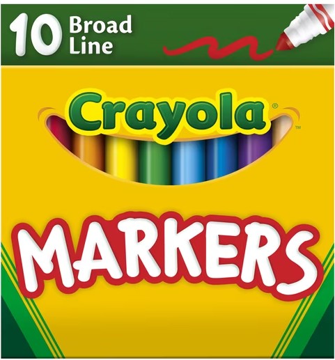 Crayola 10 Broad Line Markers box front, featuring a bright yellow background, green Crayola logo, large white and red 'MARKERS' text, and a window showing colorful markers inside.