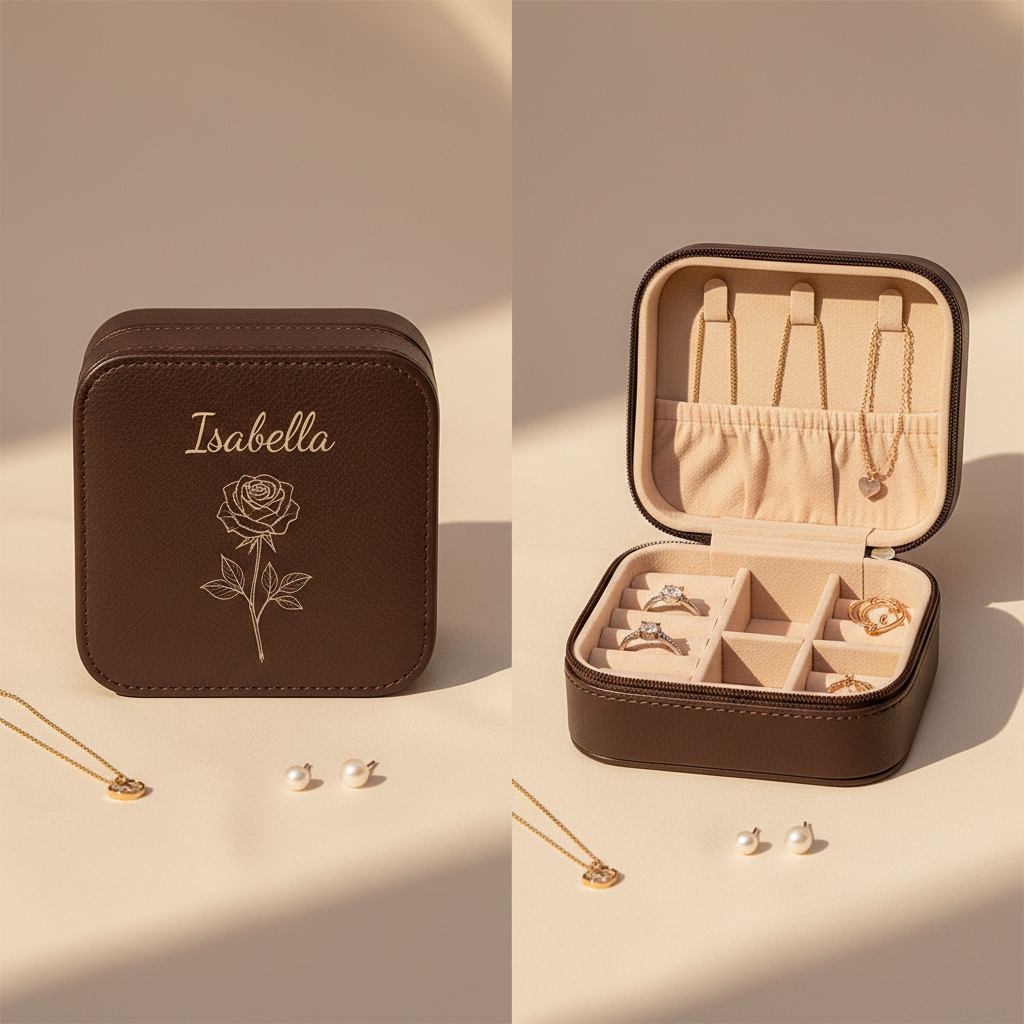 A dark brown faux-leather jewelry box shown in two views: closed with the name 'Isabella' and a rose engraving, and open displaying compartments, elastic necklaces, and ring slots. The box is styled on a warm beige surface with gold jewelry and pearl earrings nearby.