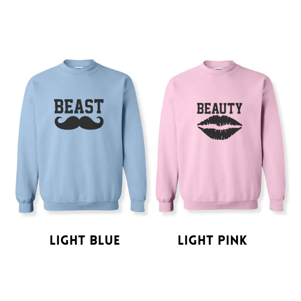 Beast and Beauty matching sweatshirts light blue and light pink