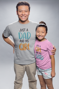 Dad hugging his daughter in a photo studio wearing matching shirts “Just a Dad and His Girl” and “Just a Girl and Her Dad”