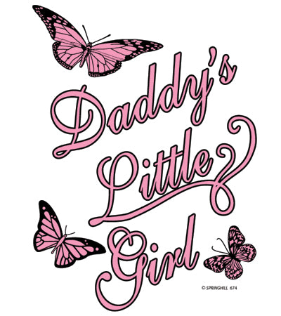 Pink text 'Daddy's Little Girl' with three butterflies on a white background