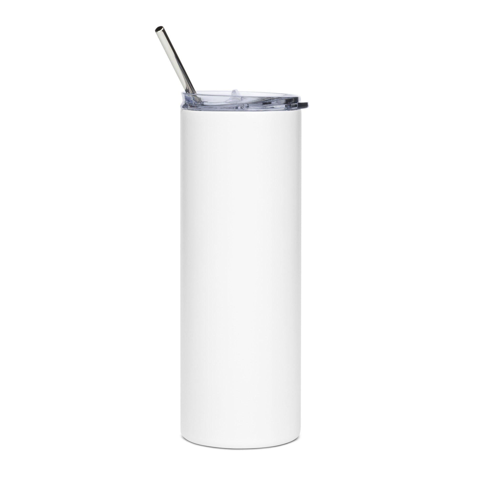 White tumbler with a metal straw on a white background