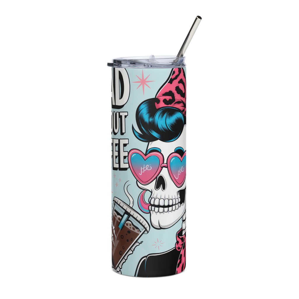 Dead Without Coffee Stainless Steel Tumbler – Retro Skull Art