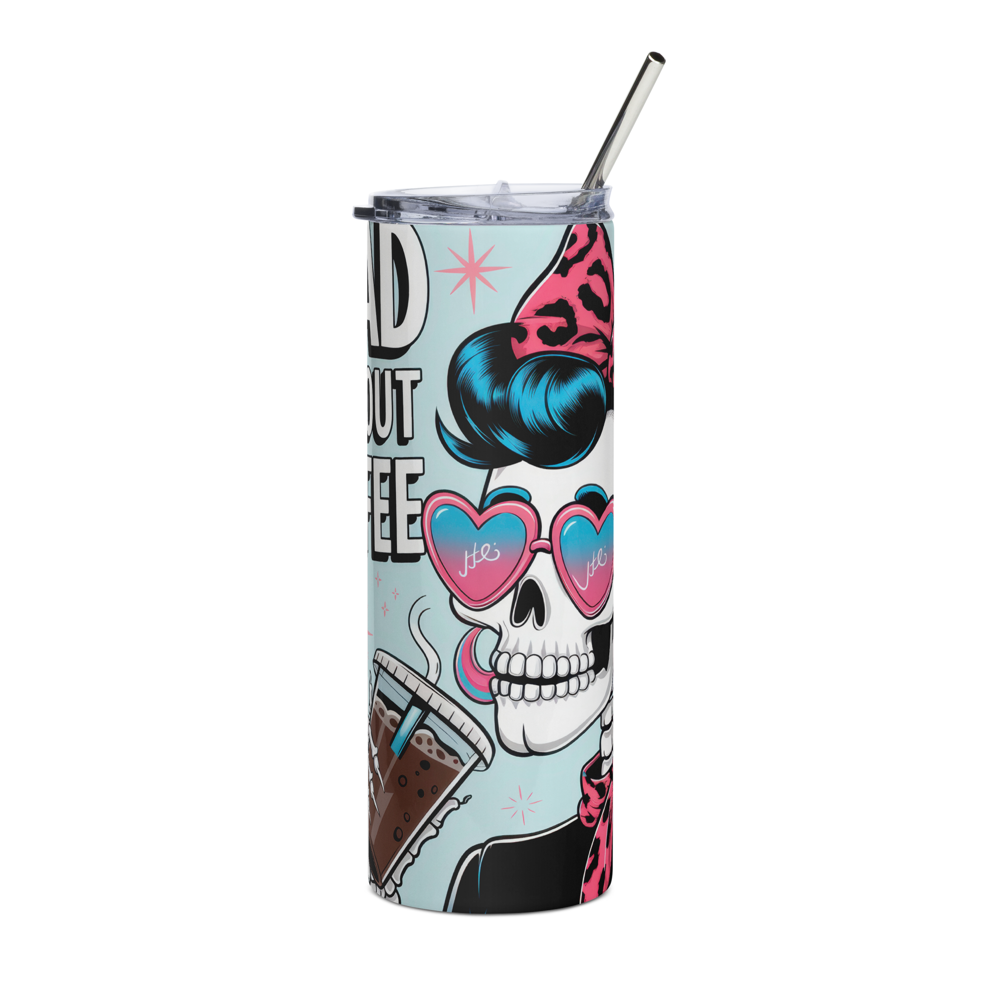 Dead Without Coffee Stainless Steel Tumbler – Retro Skull Art