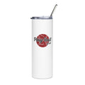 White tumbler with 'Play Ball' design and straw on a white background