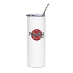 White tumbler with 'Play Ball' design and straw on a white background