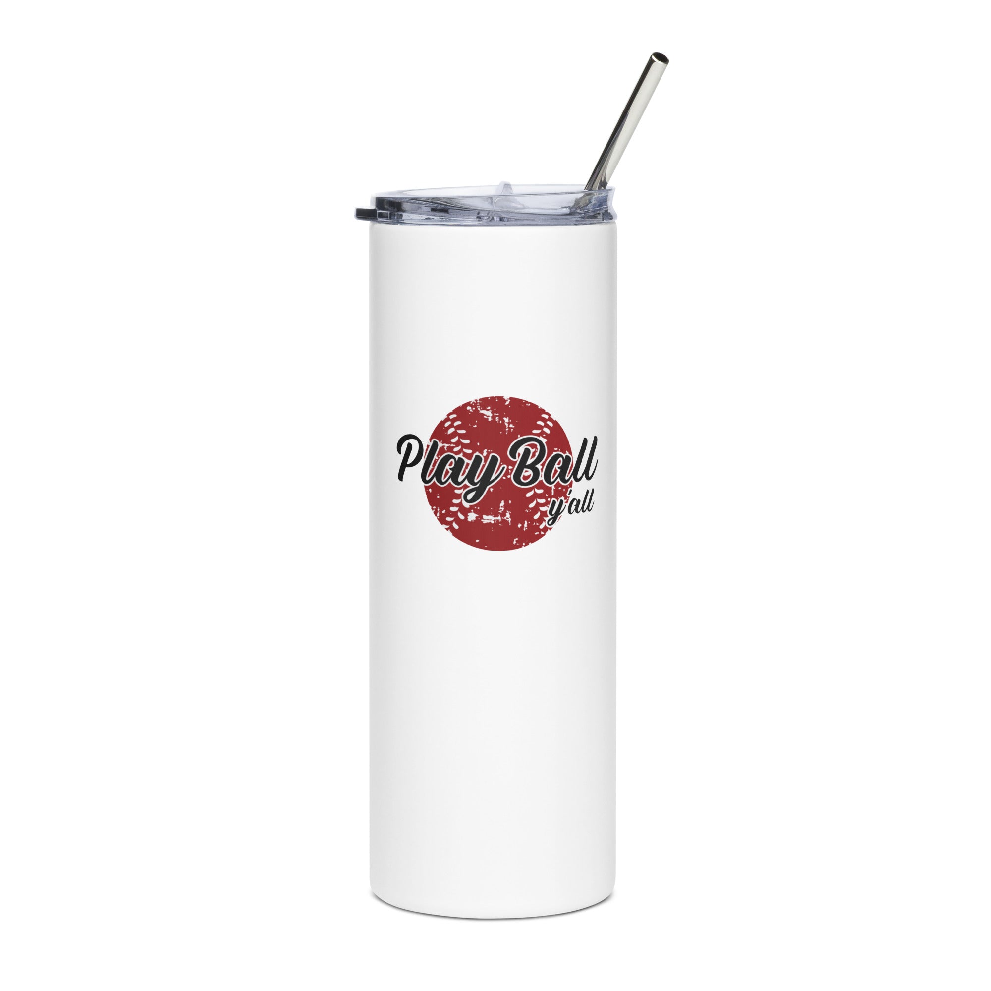White tumbler with 'Play Ball' design and straw on a white background