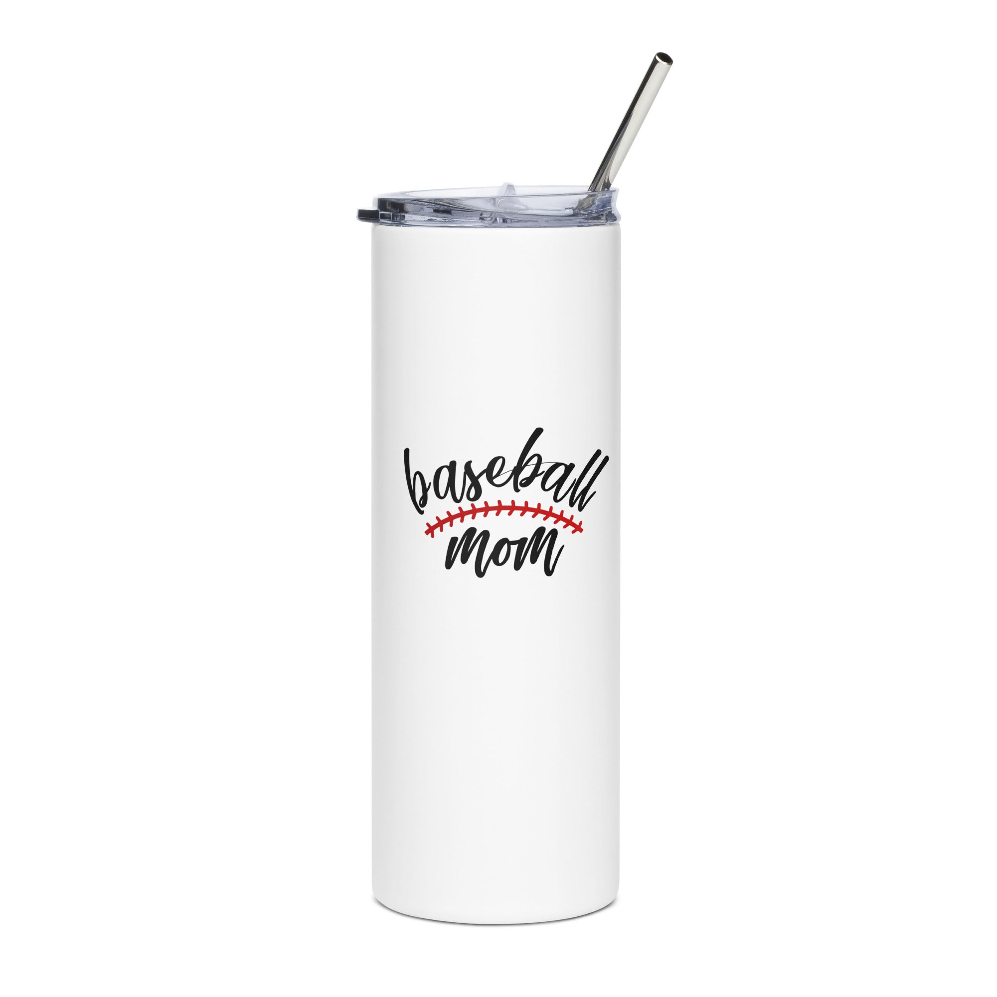 White tumbler with 'baseball mom' text and a metal straw on a white background