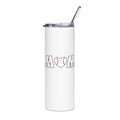 White tumbler with 'Baseball Mom' text and a straw on a white background