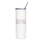 White tumbler with 'Baseball Mom' text and a straw on a white background