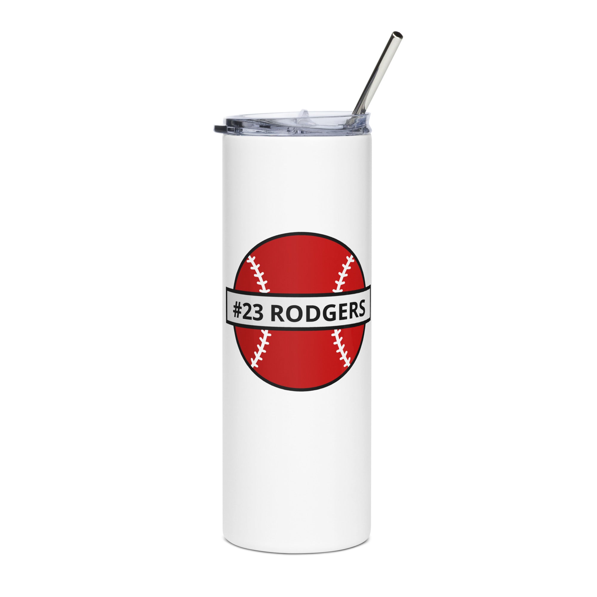 White tumbler with red baseball graphic and text '#23 Rodgers' on a white background