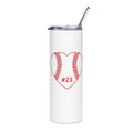 White tumbler with red heart design featuring a baseball and number 23 on a white background