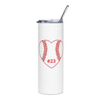 White tumbler with red heart design featuring a baseball and number 23 on a white background