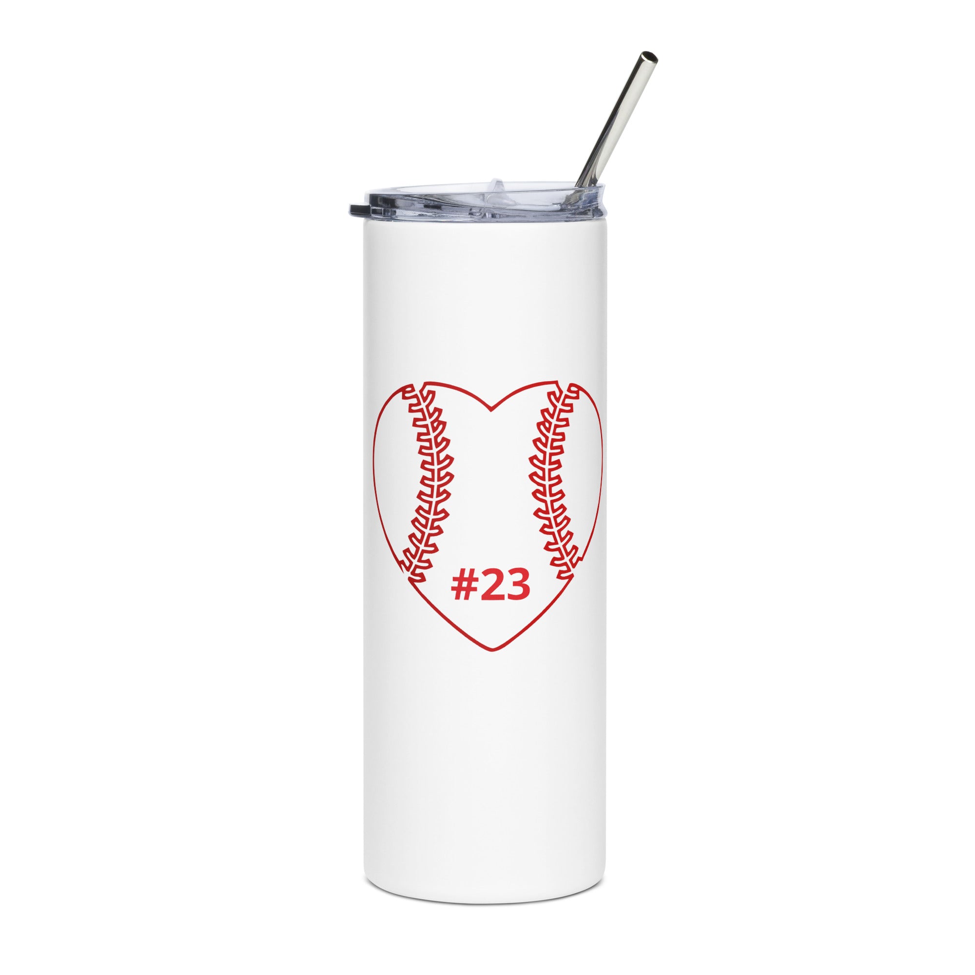 White tumbler with red heart design featuring a baseball and number 23 on a white background
