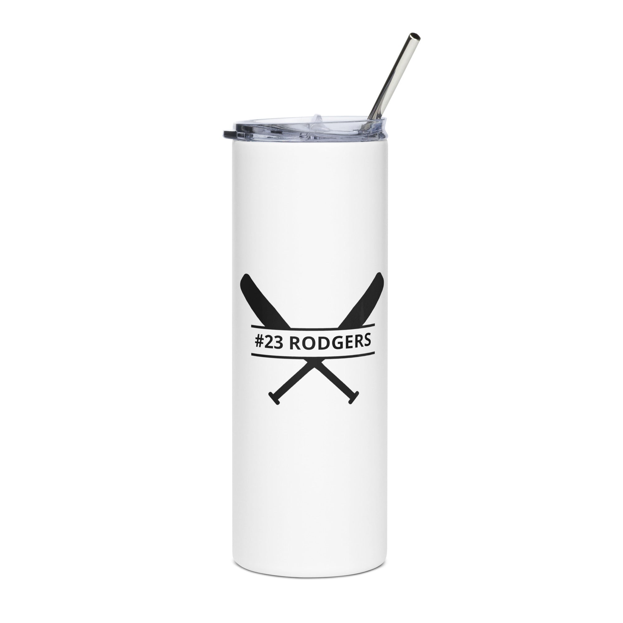 White tumbler with black text and design on a white background