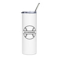 White tumbler with a black logo and text on a white background