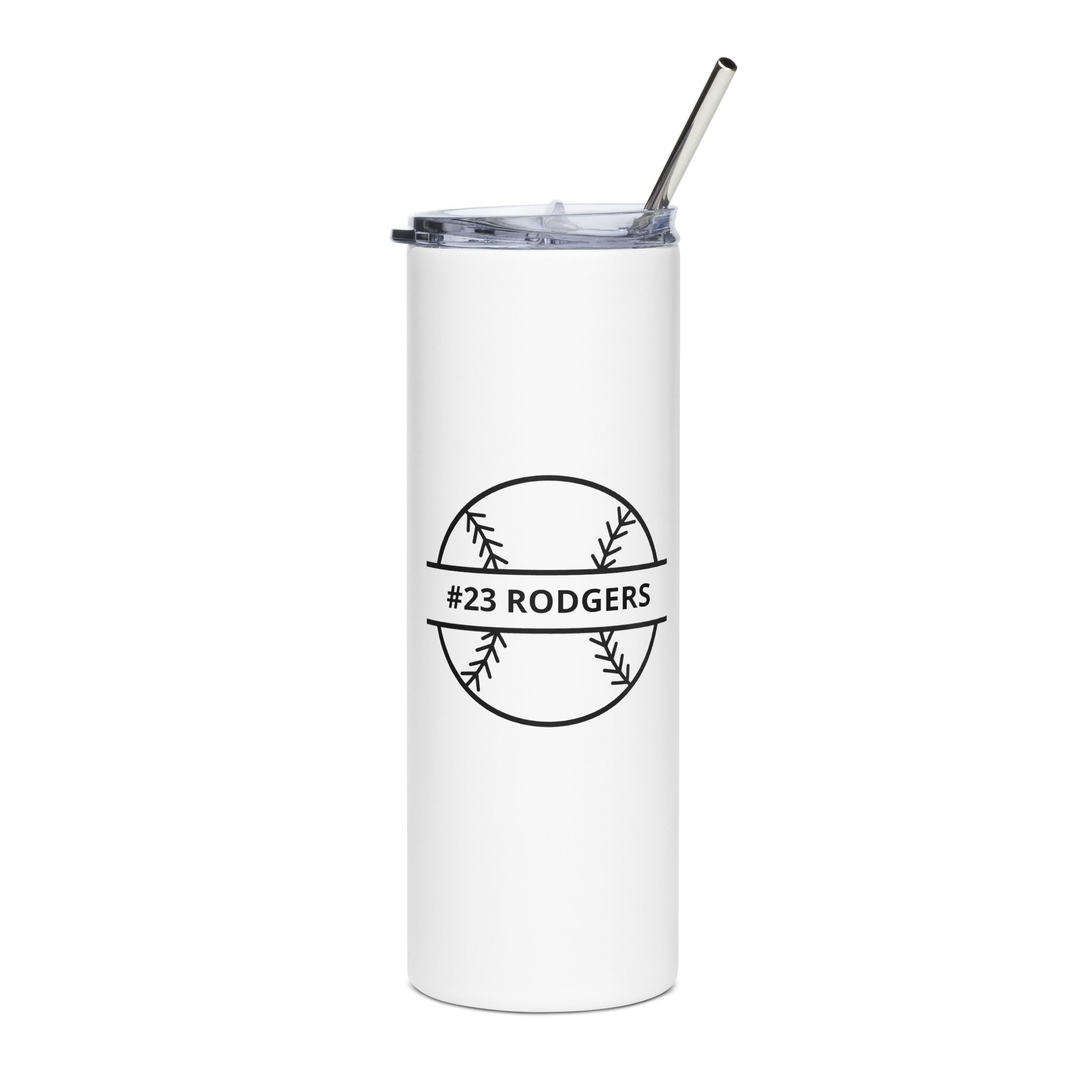 White tumbler with a black logo and text on a white background