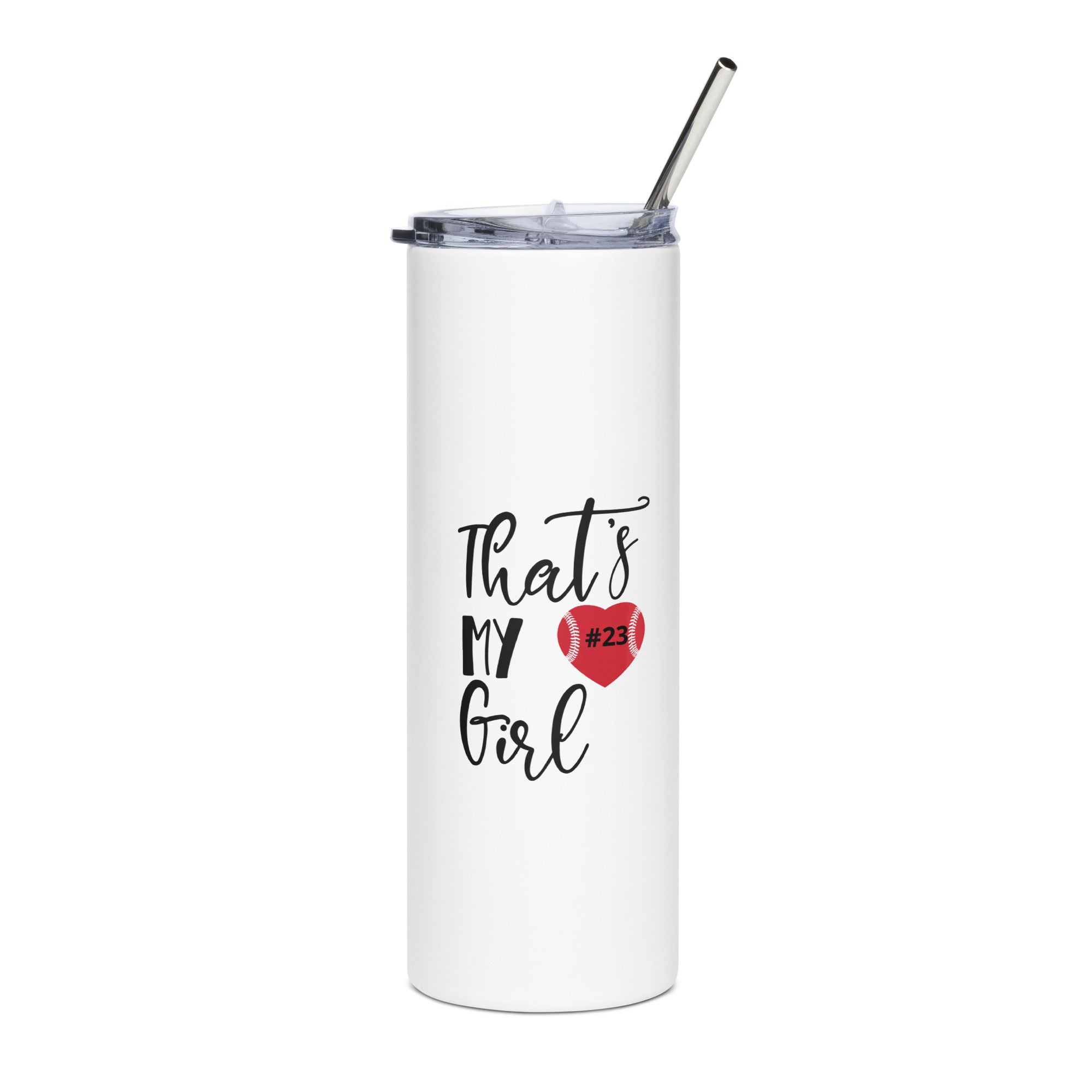 White tumbler with 'That's My Girl' text and number 23 on a white background