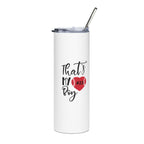 White tumbler with 'That's My Boy #23' text and heart design on a white background