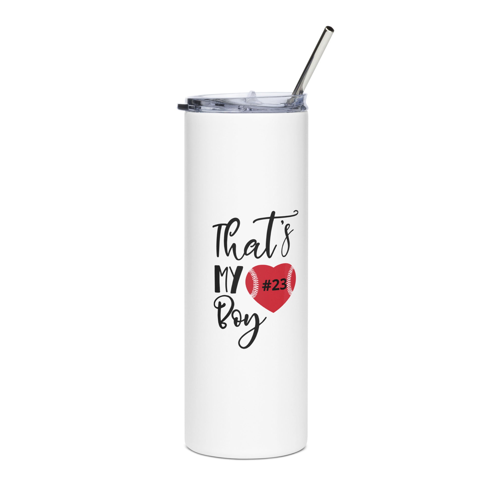 White tumbler with 'That's My Boy #23' text and heart design on a white background