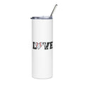 White tumbler with 'LOVE' design featuring a heart and baseball, on a white background.