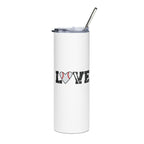 White tumbler with 'LOVE' design featuring a heart and baseball, on a white background.
