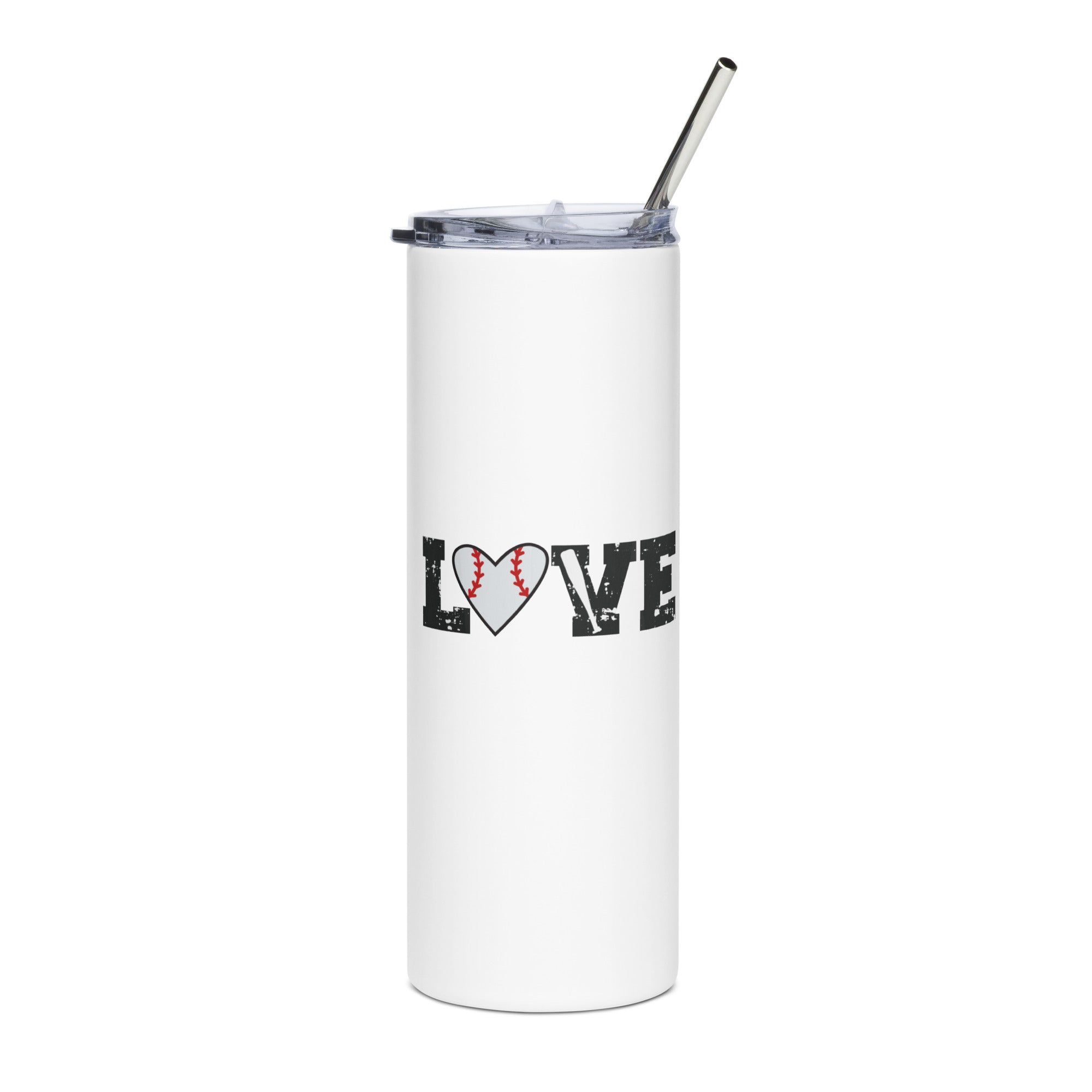 White tumbler with 'LOVE' design featuring a heart and baseball, on a white background.